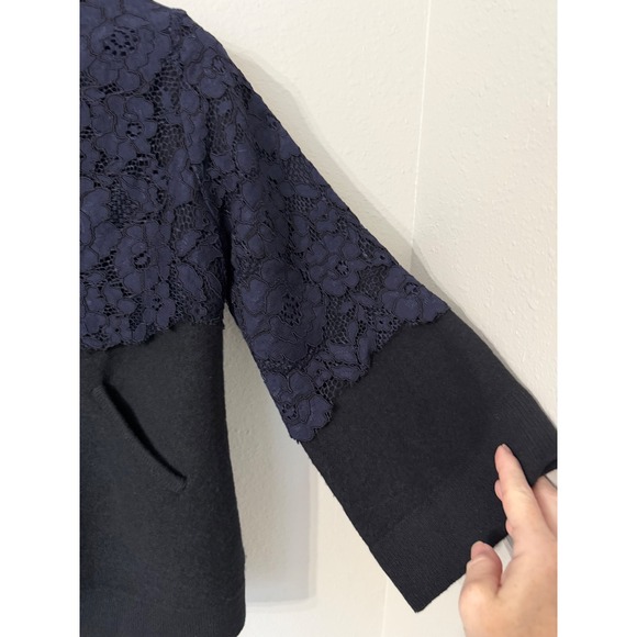 Anthropologie Field Flower 100% Wool Black with Navy Blue Lace Trim Jacket Small - Picture 3 of 9